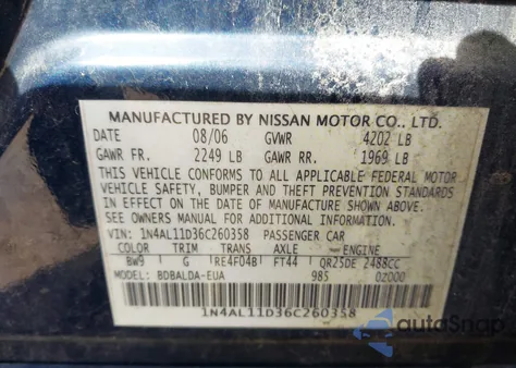 2006 Nissan Altima 2.5 S из США, поврежденный, VIN 1N4AL11D36C260358